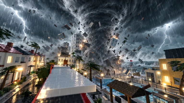 Official promotional artwork of a tornado and lightning over a city in What If Disasters