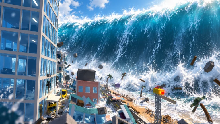 Official What If Disasters promotional artwork showing a giant blue wave approaching a city